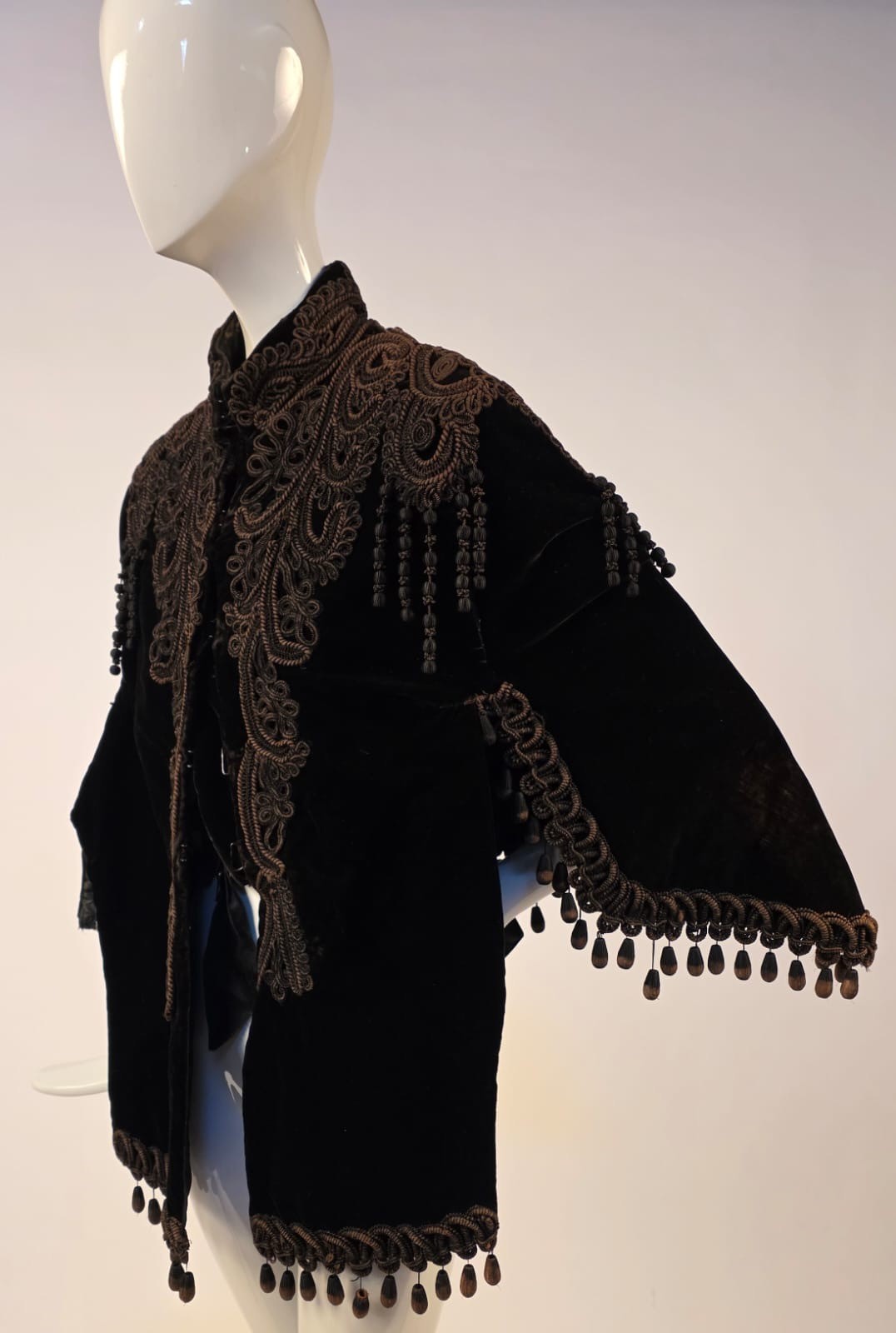 VICTORIAN 1870’S BLACK VELVET DOLMAN CAPE W SOUTACHE DETAIL + BUSTLE REAR