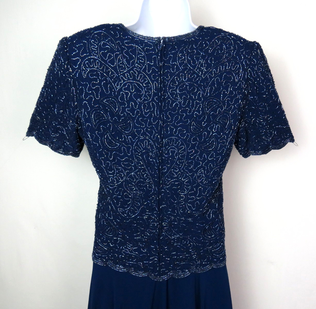 VTG 1980s BRILLIANTE BY JA BLUE BEADED DRESS SIZE PM POLY CHIFFON