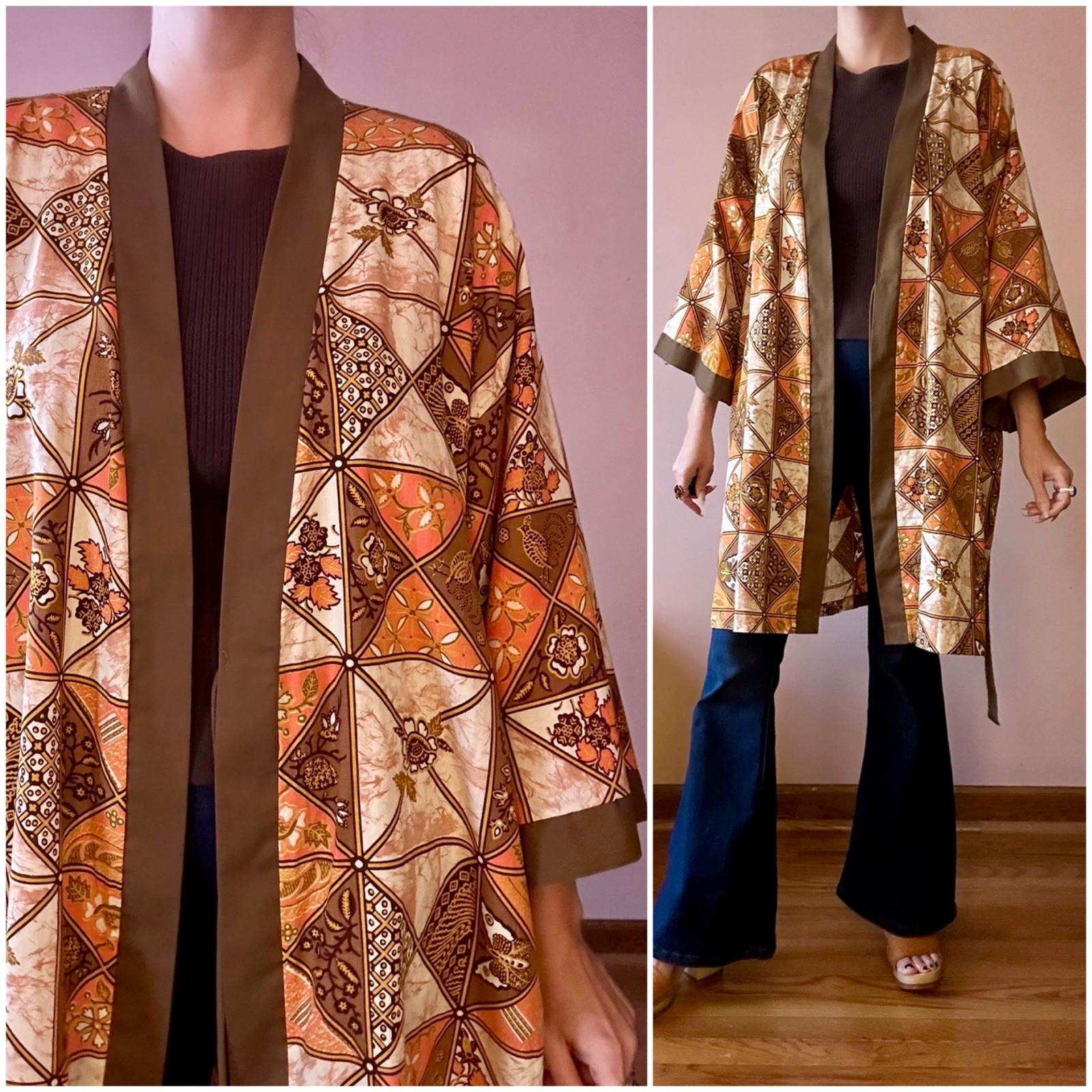 Vintage 70s Moth Folk Art Print Orange Geometric Kimono Robe Boho Hippie Cotton
