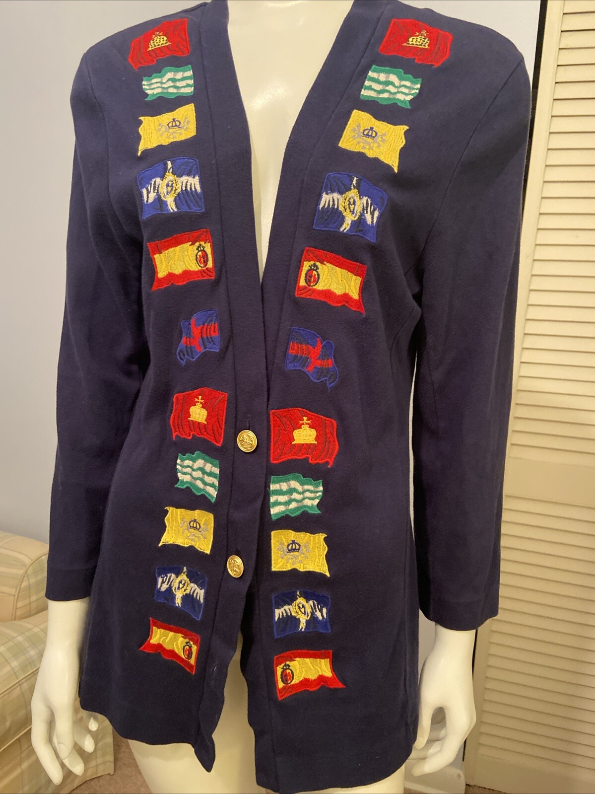 Vintage 80s Cambridge SportsClub Multi Color Womens M Sweater Flags