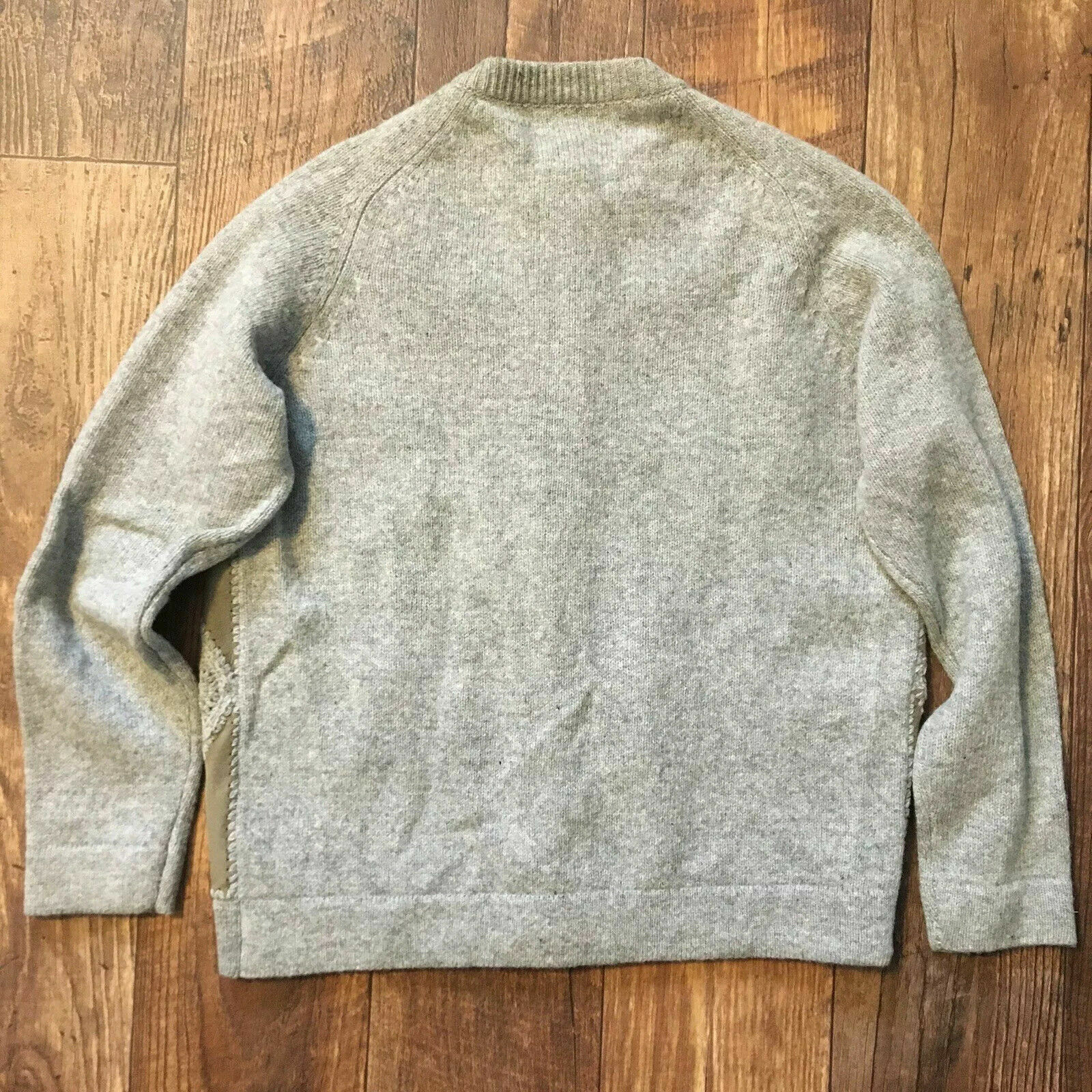 Vintage Tami 100% Wool Genuine Suede Leather Grey Tan Cardigan Sweater S Knit