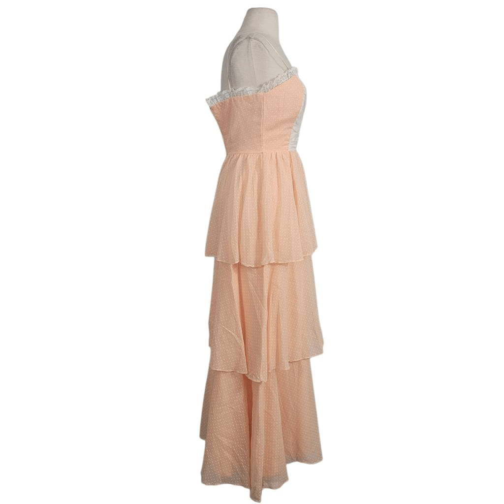 Vintage 1960s 1970s Peach Tiered Maxi Dress Sz XXS 2XS Lace Polka-dot Coquette