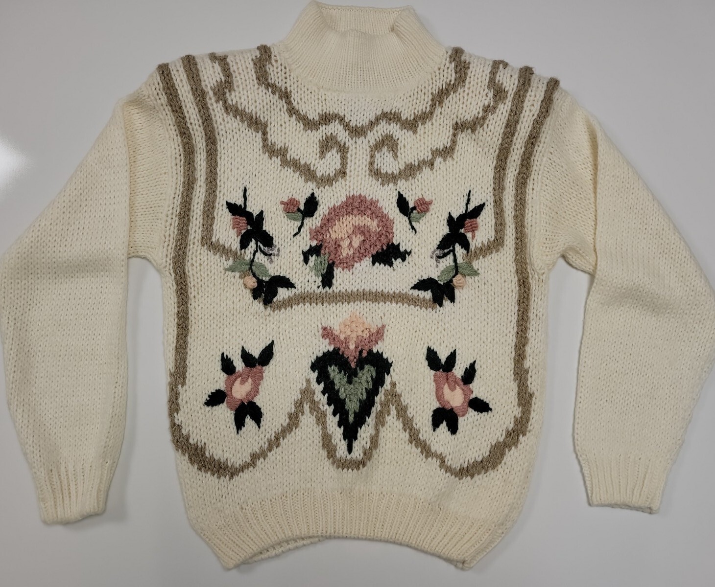 80s 90s Vintage Jamie Scott Tan Knit Floral Cottagecore Sweater Cardigan Women M