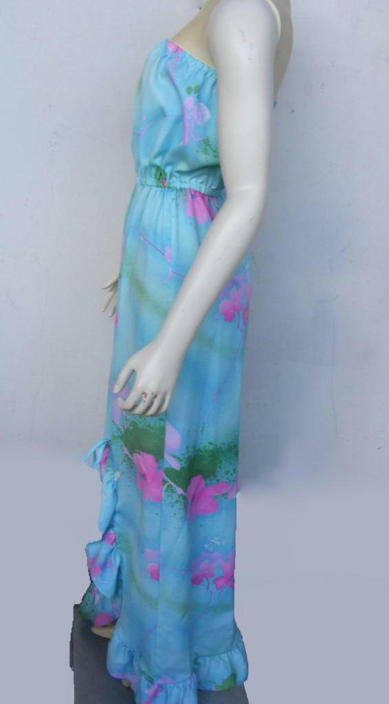 Waltah Clarke’s Vtg Dress L Strapless Maxi Floral Pastels Ruffled Open Split