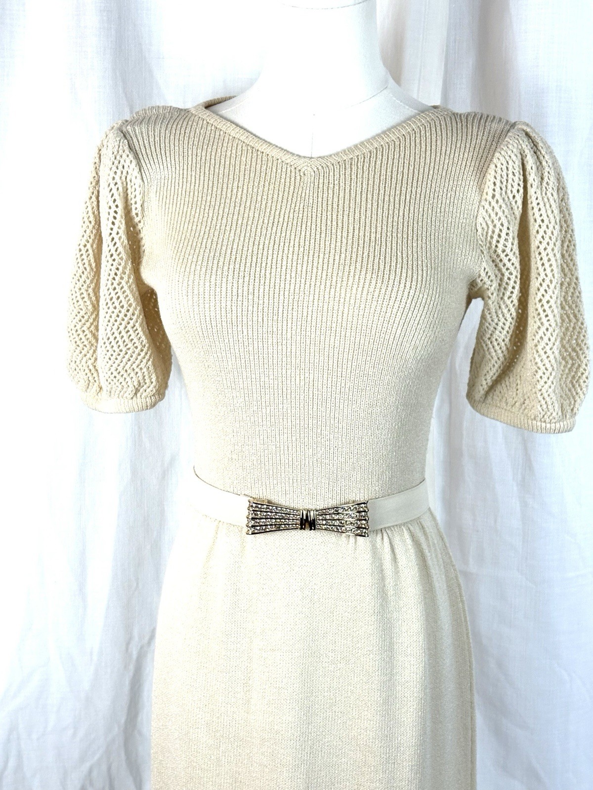 Vintage 80’s St. John Knits Cream Sweater Dress With Rhinestone Belt Luxury Sz 8