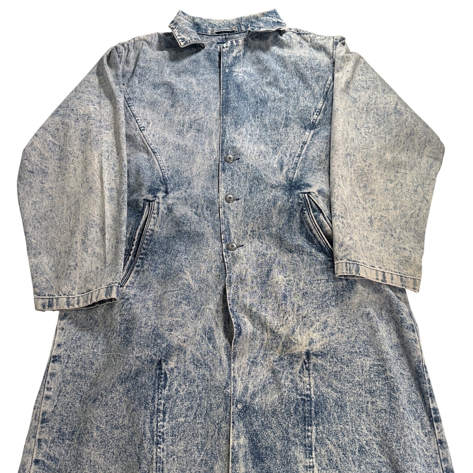 Vintage 1980s MAC FADS Acid Wash Denim Duster Coat Long Jean Jacket Large