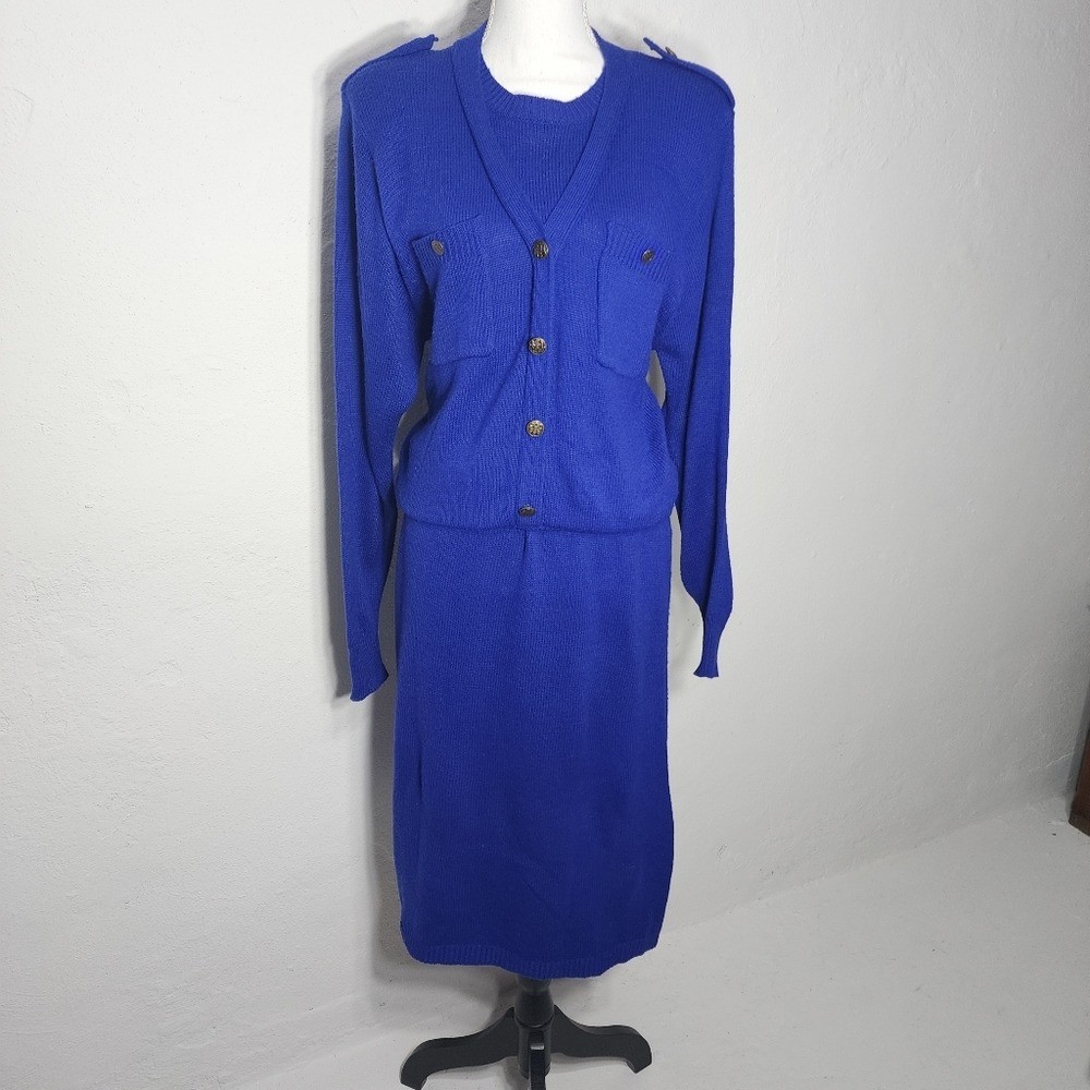 Vintage Darian Cobalt Blue Knit Dress Gold Button Detail