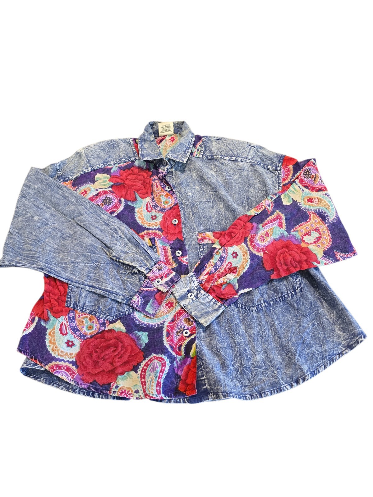 Vintage Something Different Button Down Top Shirt Floral Denim Pattern Size M