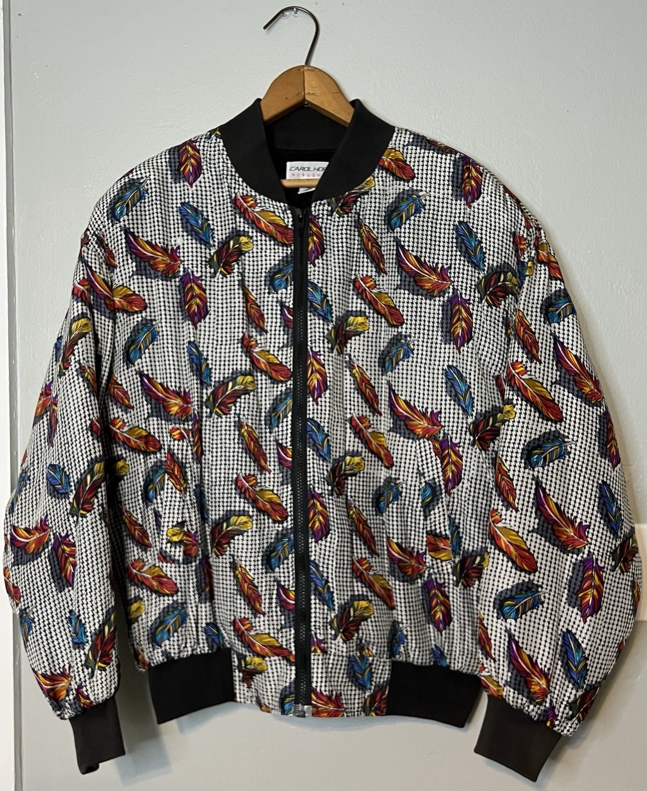 VTG 80s 100% Silk Bomber Jacket Carol Horn Feather Print W Sz M Oversized Retro