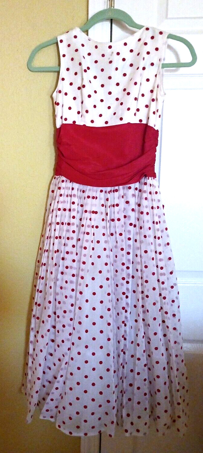 PURTY! 60’s VNTAGE WHITE CHIFFON PARTY DRESS W/RED FELT POLKA DOTS, RED RIBBON