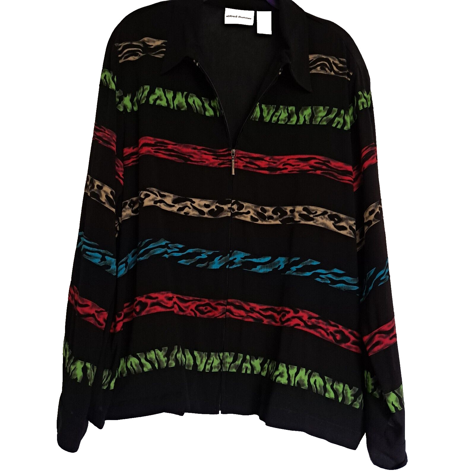 Alfred Dunner Black Multi Color Animal Print Zip Up Size 16 Blouse
