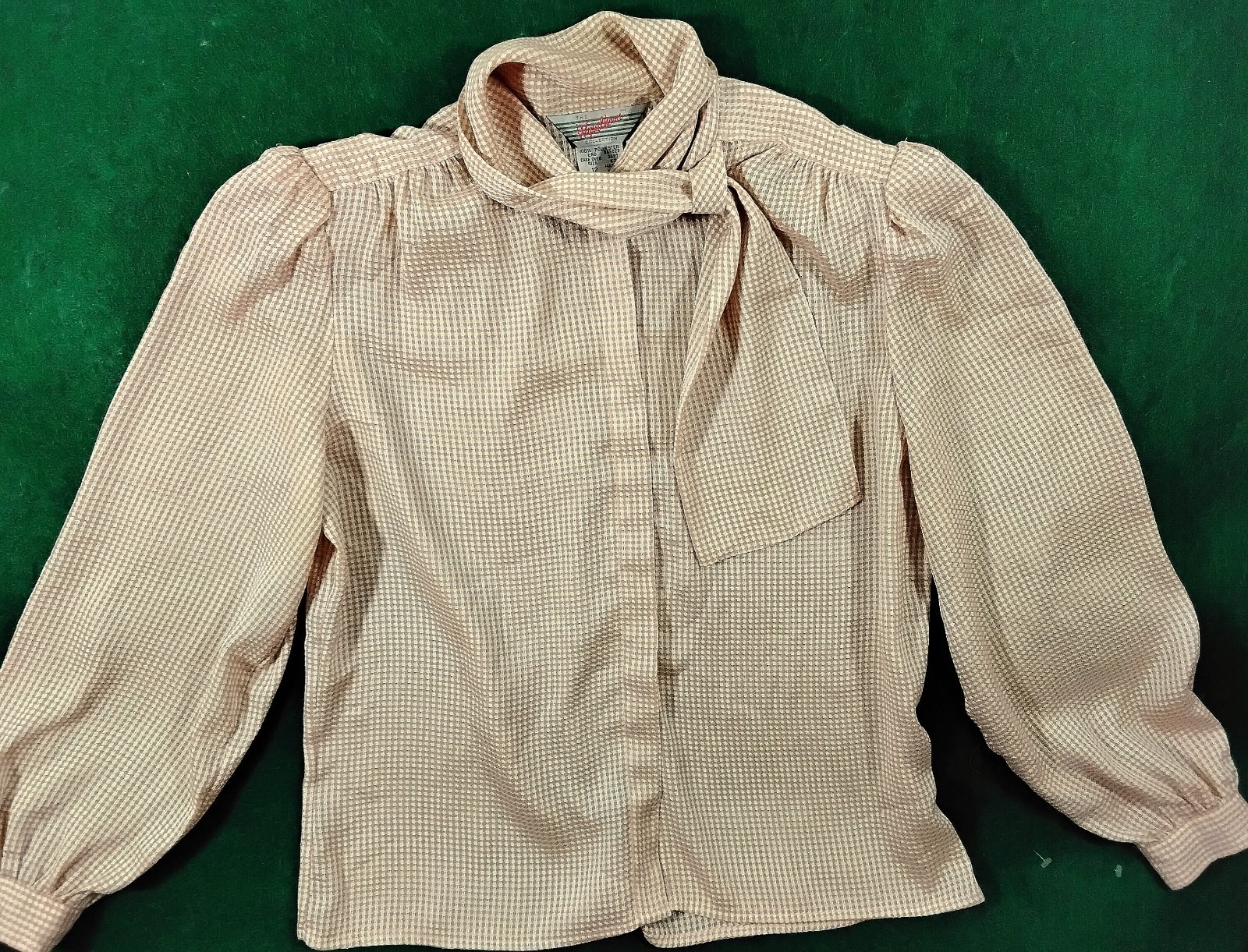 Vtg 80s The Windham Collection Tie Neck Blouse Cream/Peach Long Sleeves Sz 12