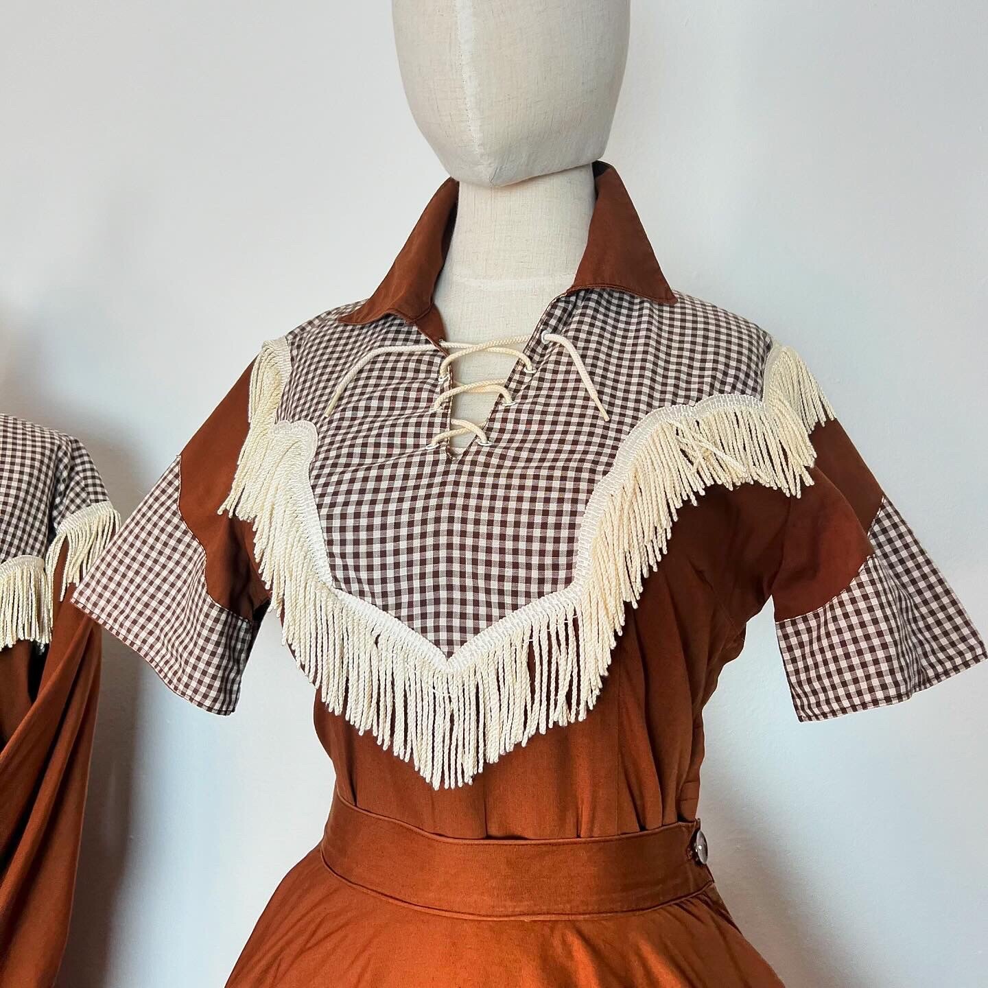 HIS & HERS 60’s Vintage Western Gingham Fringe Shirt Circle Skirt Suit S M L Xl