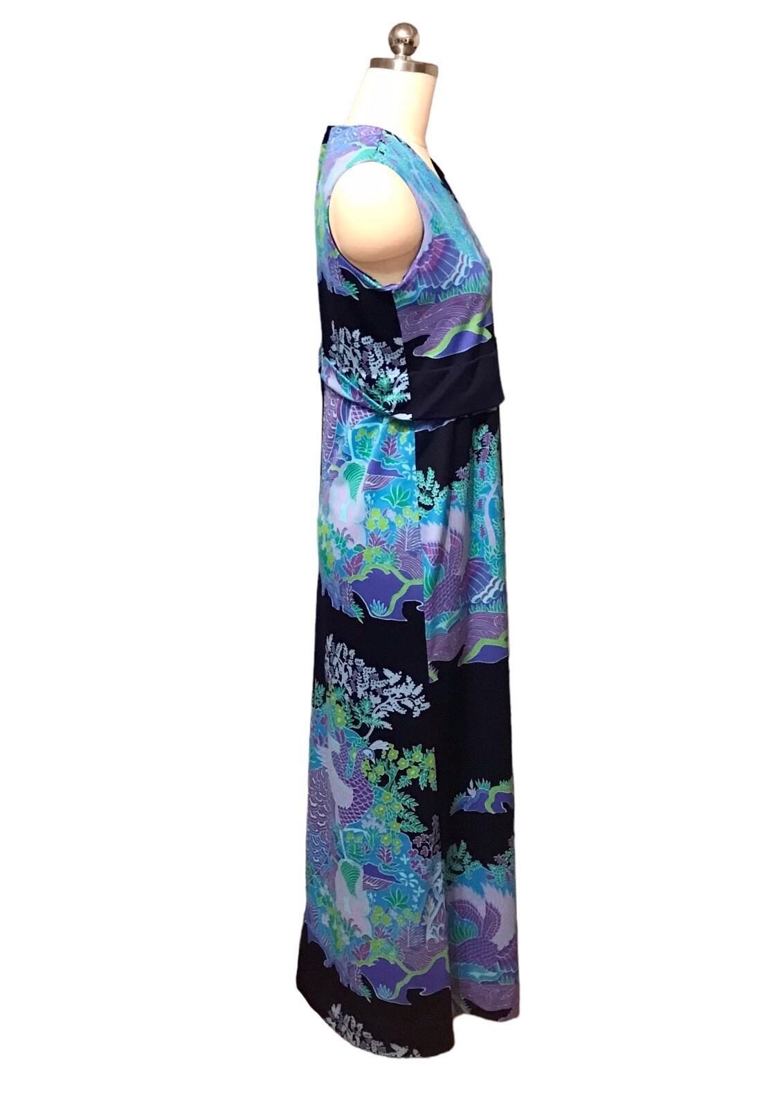 VTG Ja-Na Hawaiian Maxi Dress Blue Floral Birds Tropical Sleeveless Women’s Sz M