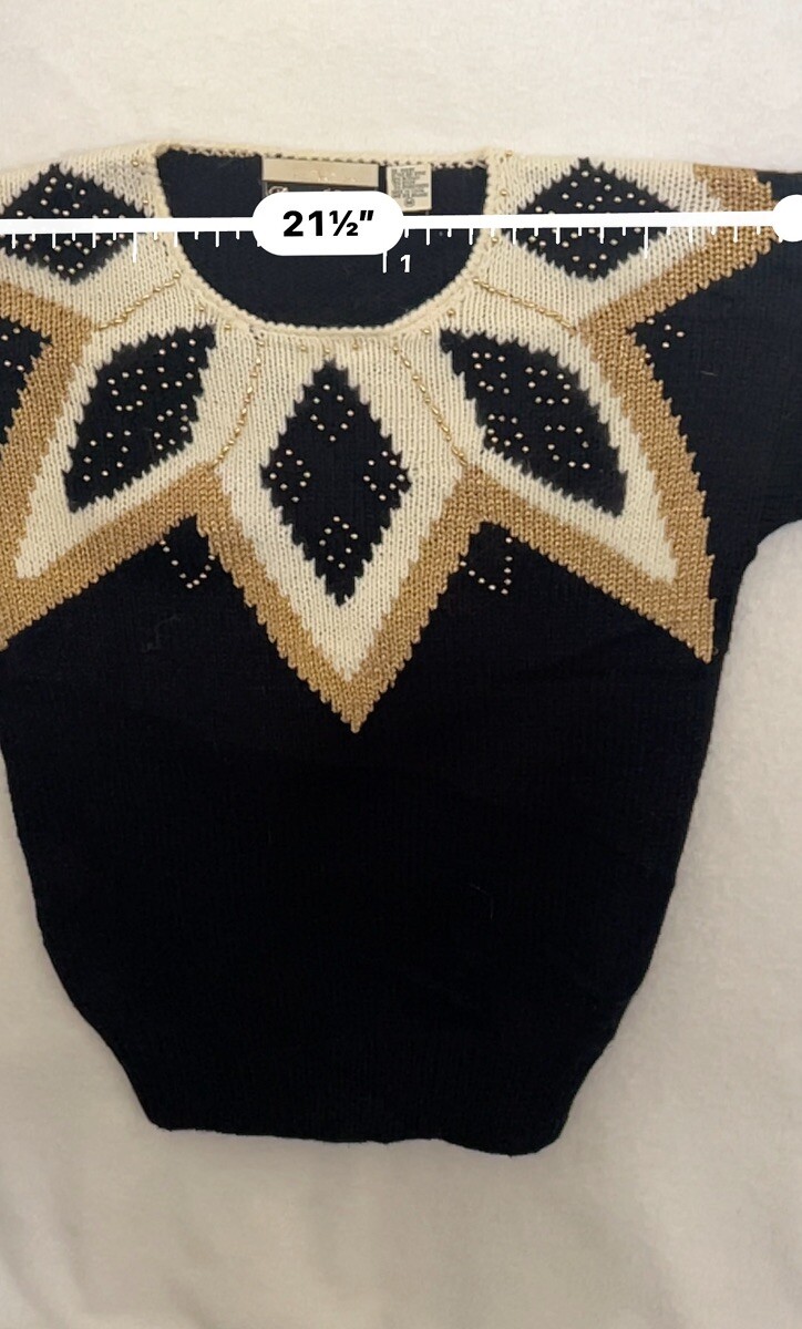 Dana Scott Womens M Vintage Sweater Black & Cream Gold Beads Party Holiday