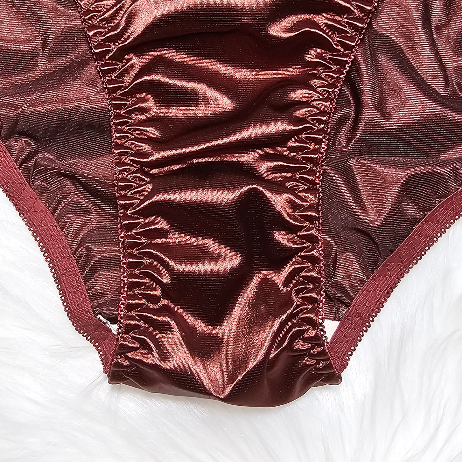 Vintage Glossy Satin Panty Sissy Brown String Bikini Brief Size 8-9 Hip 42-46″