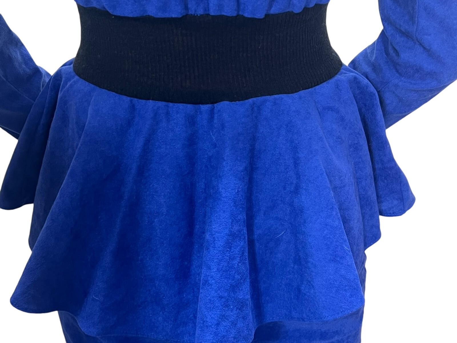 XS~S Vtg 80s Sz 3/4 Blue Velour Dress Peplum Pencil Skirt Dolman Sleeve T Junior