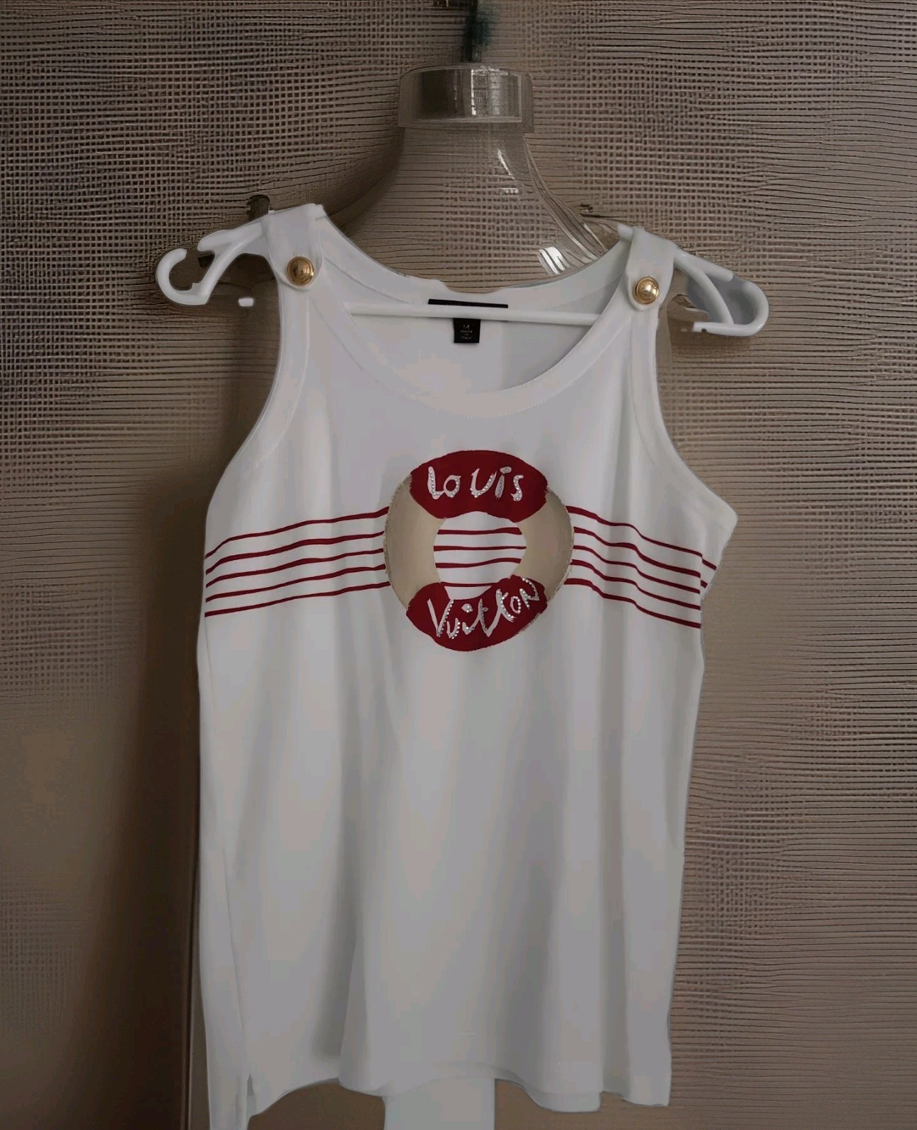 Louis Vuitton Lifesaver Buoy Logo Crystals Top Shirt Tank White Cotton Vest S-M