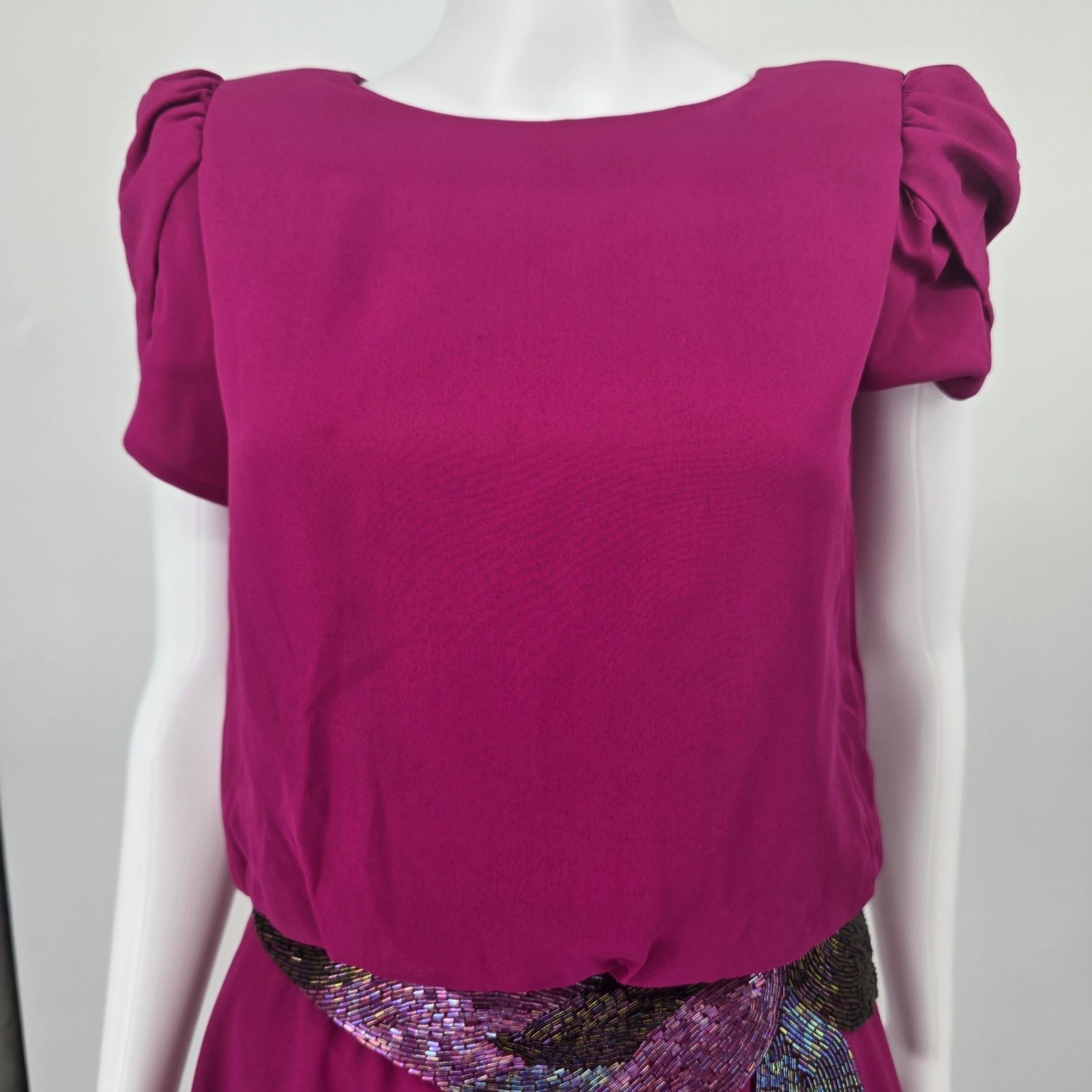 Vintage 1980s Denise Fashions Magenta Chiffon Bugle-Bead Applique Dress (S)