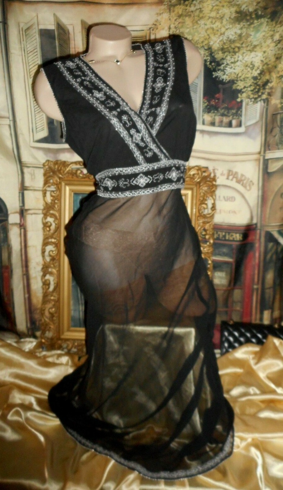 M Silk Dress Black Crepe Chiffon Surplice Full Length