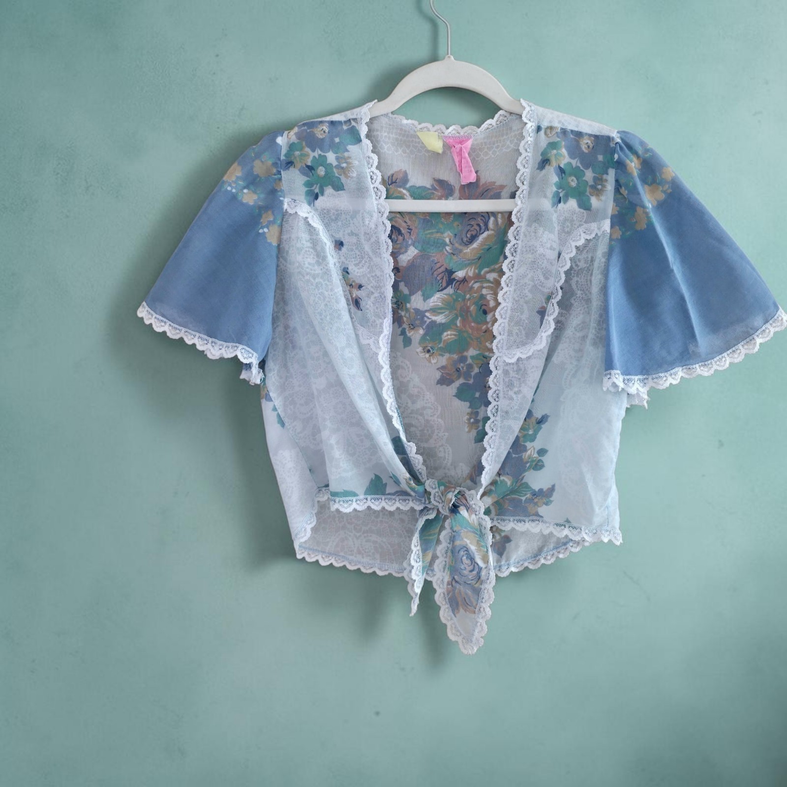 Vintage 70s Lace Tie Front Floral Lingerie Top Cal Togs Blue & White Sheer