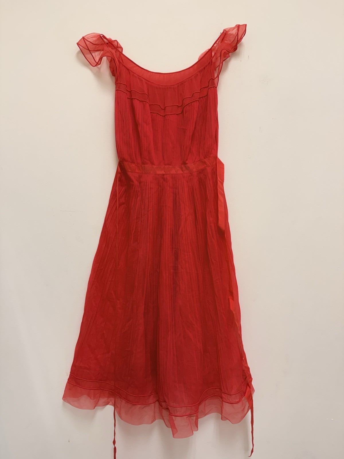 Vtg Vanity Fair Night Gown Chiffon Red Maxi Swing S/M Full Length Ruffled Pinup