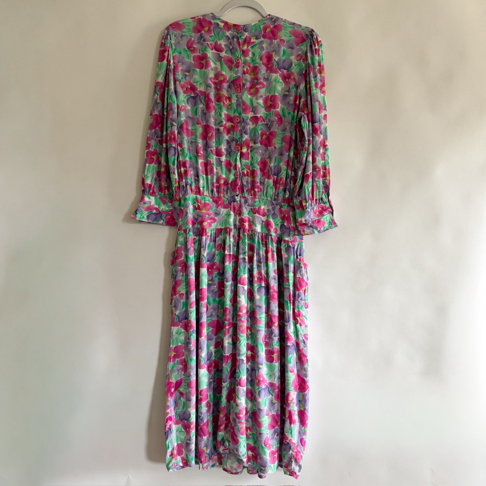 Vintage Neiman Marcus Maggy London 80s Floral Dress 12 Dropped Waist Pockets