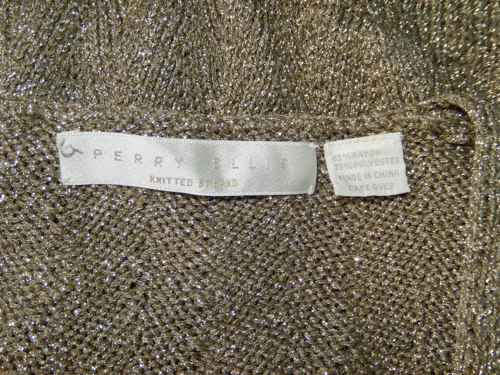 Vintage 80’s Perry Ellis Gold Hand Knit Short Sleeve Cardigan V-Neck Sweater Top