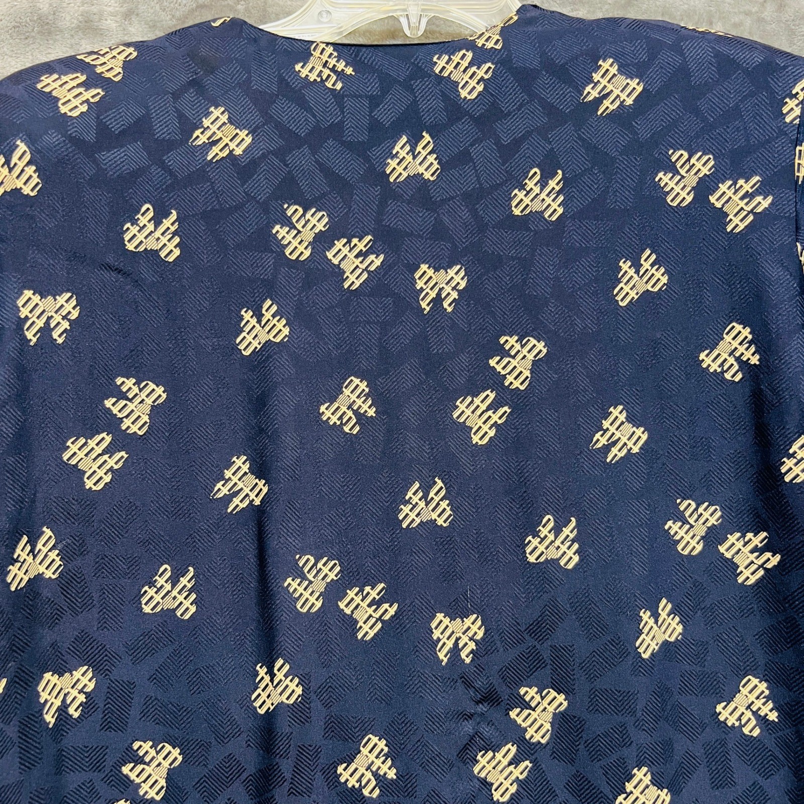 90s Jacquard Bow Print Silk Skirt Blouse Set 12 Navy Office Siren Dark Academia