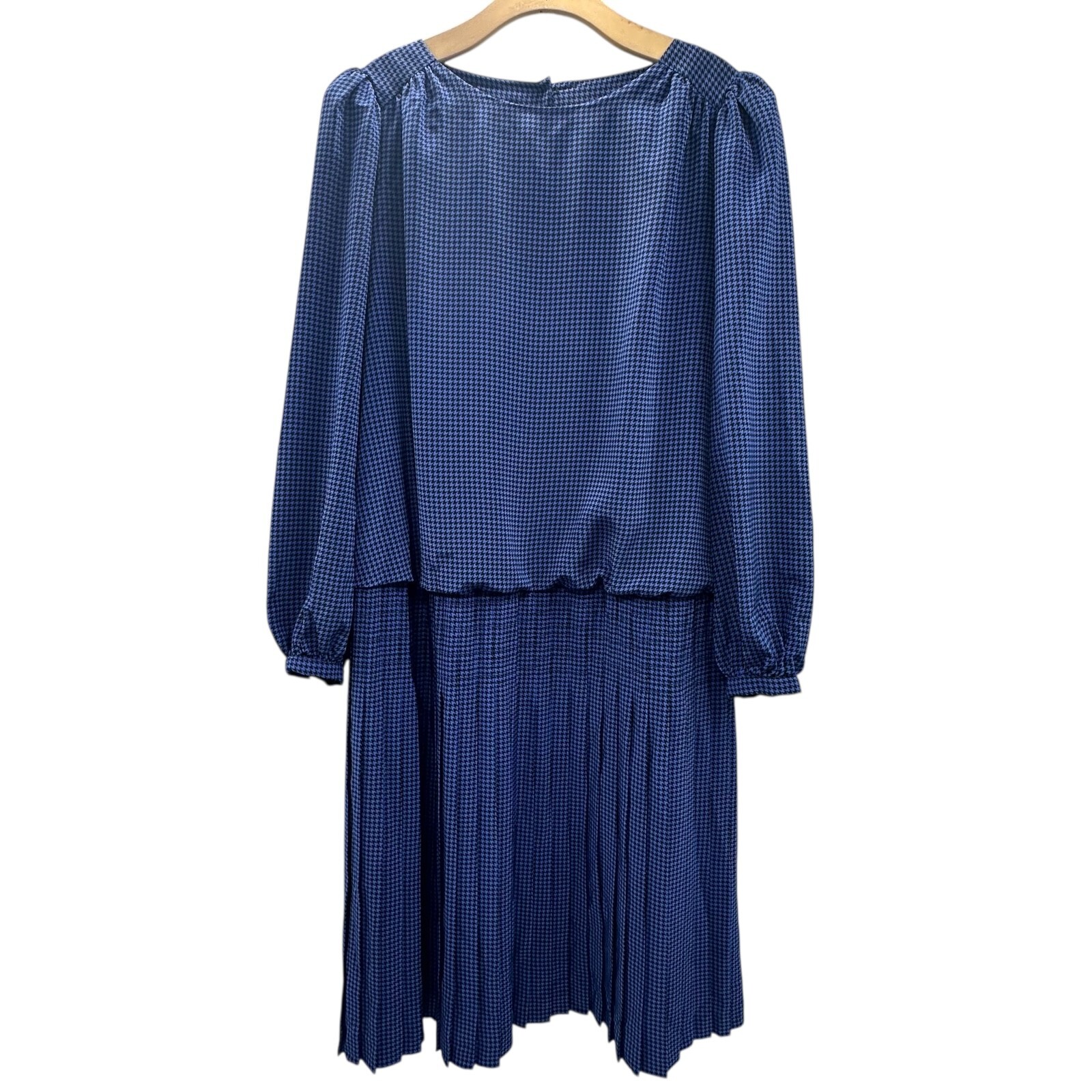 Vintage 70s Chez Tandy CA Drop Waist Pleated Dress Blouson Houndstooth Blue 22W