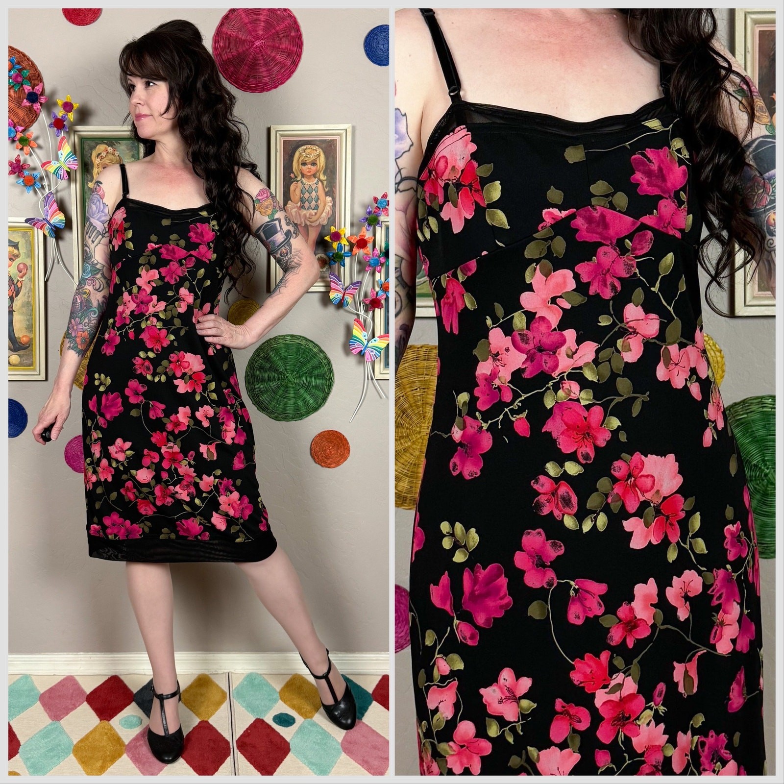 Vintage 1990s Black and Pink Floral Sleeveless Slipdress | 32” Waist