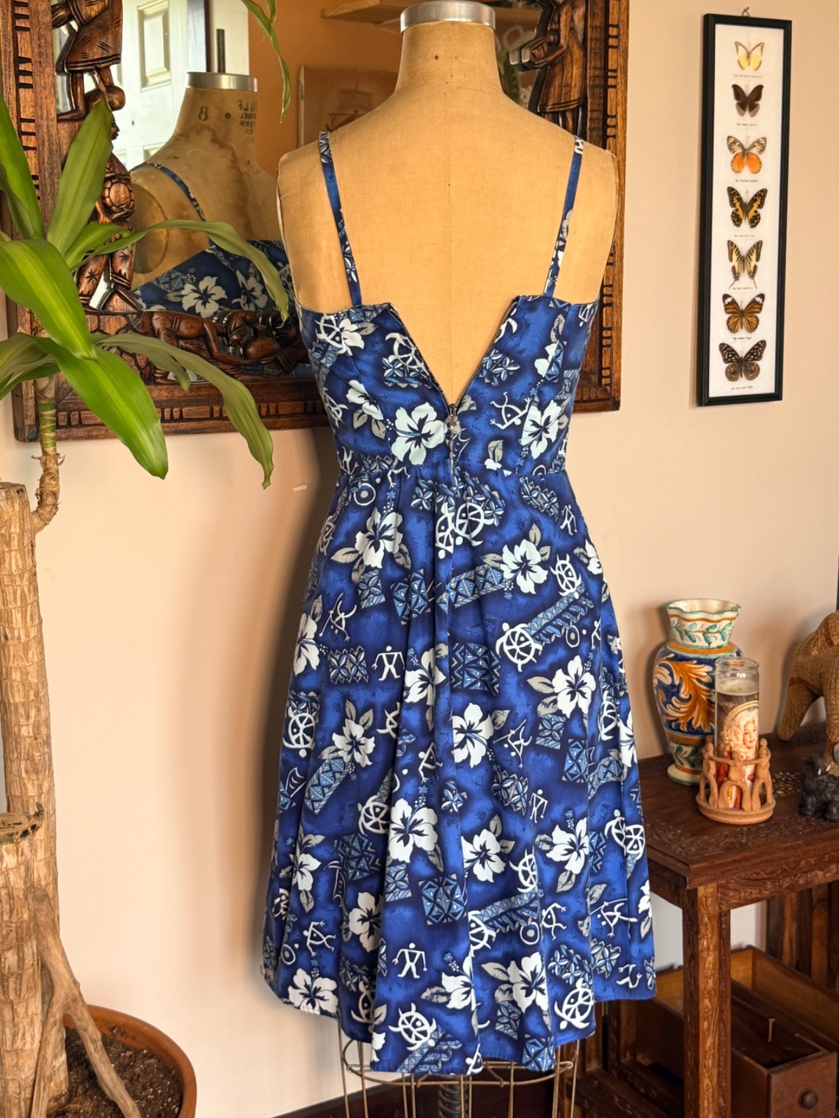 Vintage Handmade 60s Style Blue Hawaiian Print Sundress Size XS