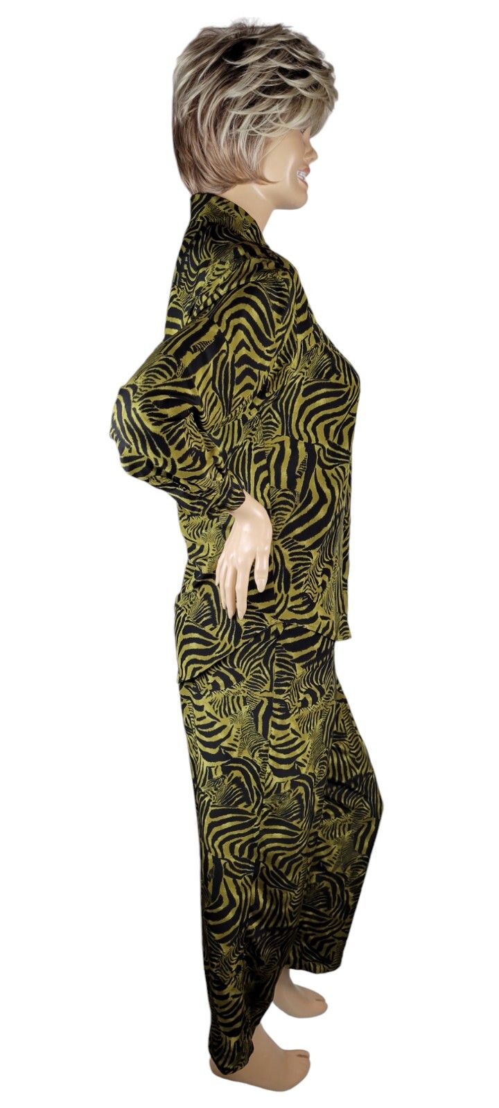 Vintage Ann May 100% Silk Zebra Green & Black Animal Blouse & Pant Suit Set 8