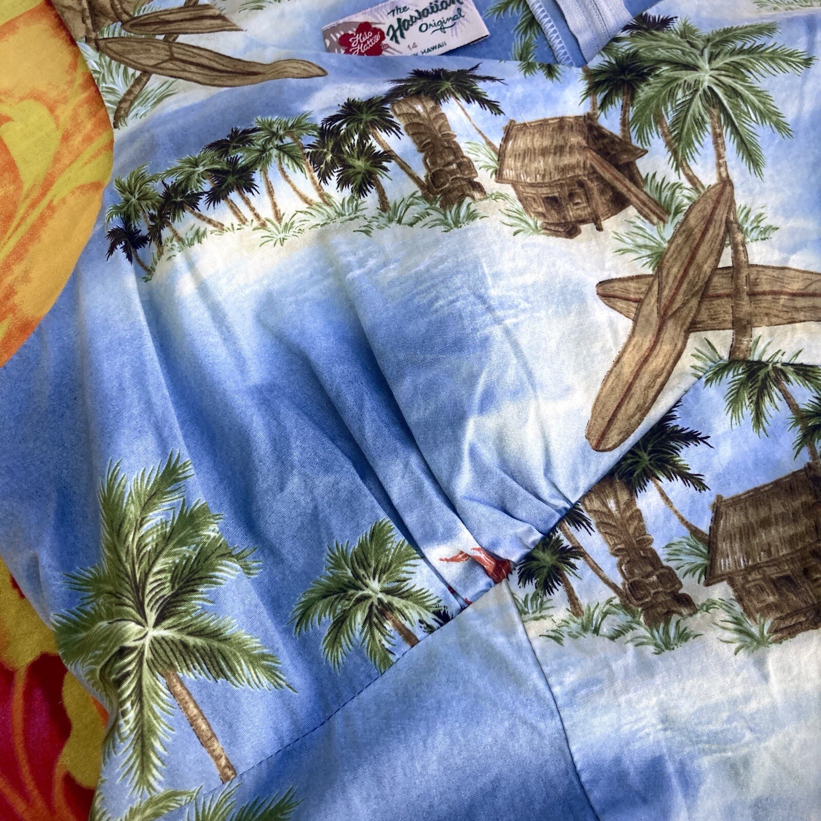 Hilo Hatties 1990s tropical Hawaiian light blue sleeveless sheath dress Size 14