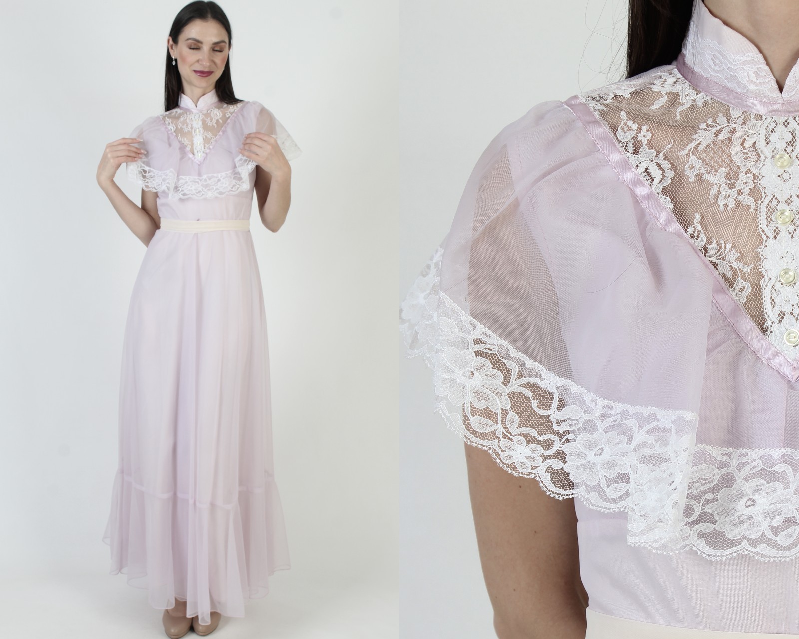 Vtg 70s Violet Victorian Wedding Dress Sheer Wht Lace Prairie Bridal Prom Gown