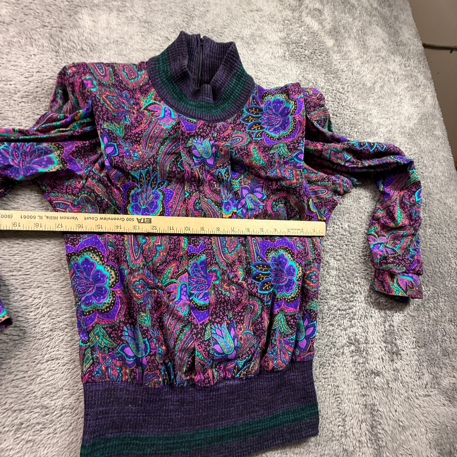 Vtg 80s Leslie Fay Petite Paisley Floral Blouse Mock Neck Zip Back Purple 8