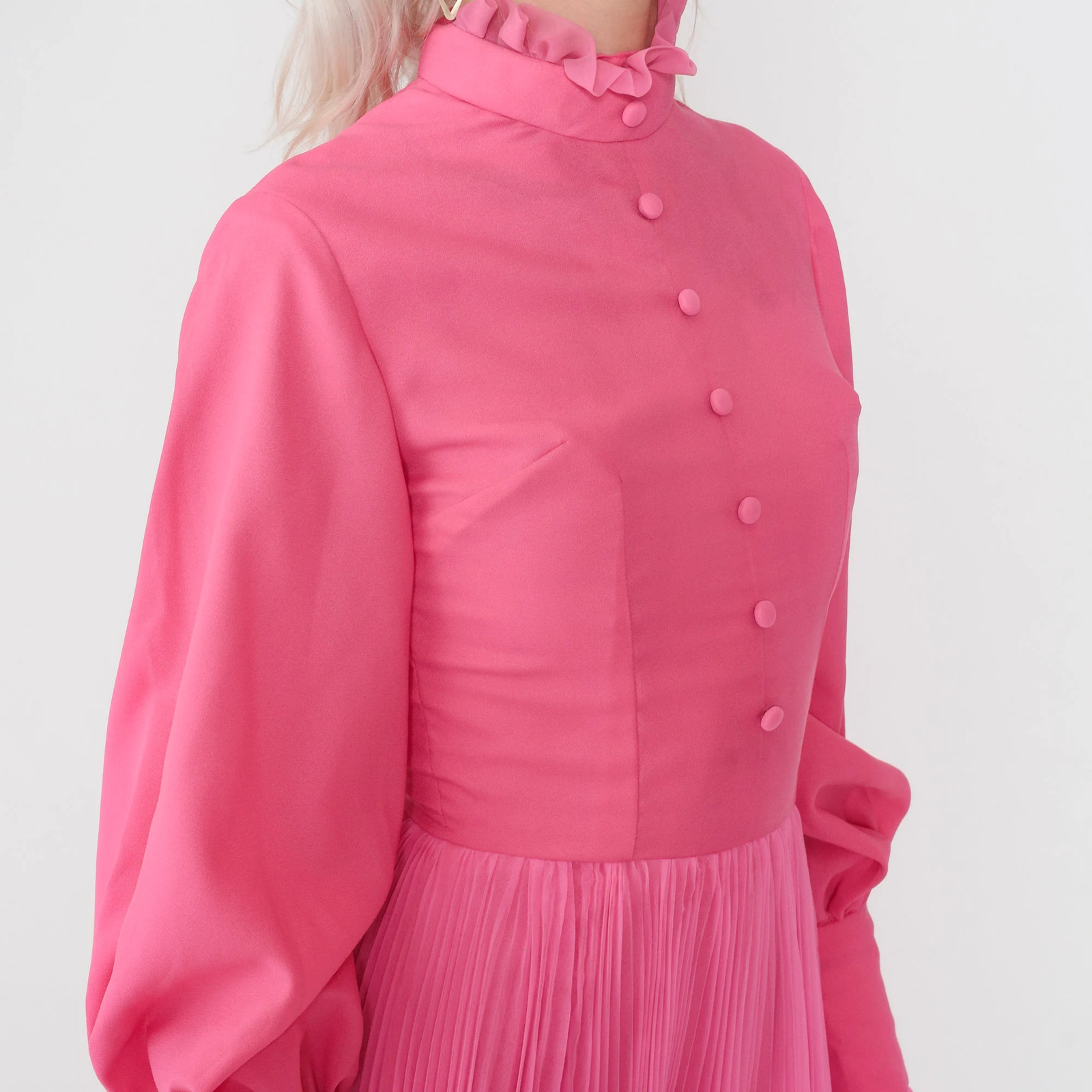 Hot Pink Dress 70s Maxi Dress Long Balloon Sleeve High Neck Ruffled Pleated Chif