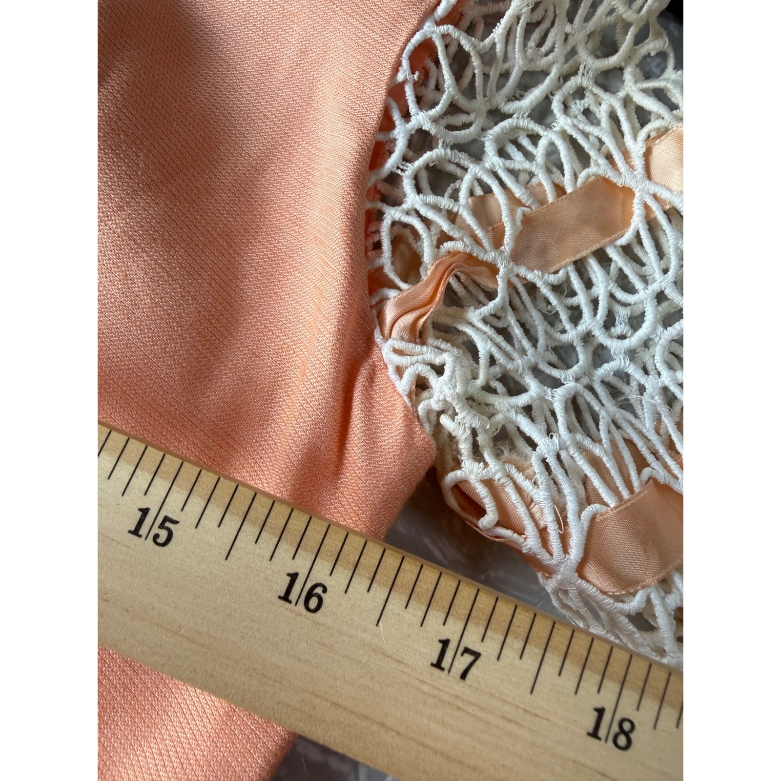 Vintage 60s Apricot Peach Empire Waist Maxi Dress Crochet Lace Ribbon Sleeve