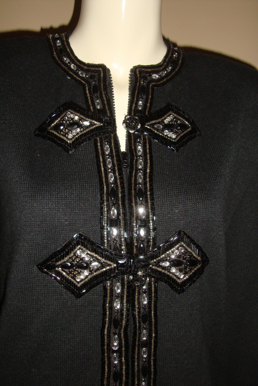Bonnie Boerer Petite Black Beaded Sweater Zip Knit Jacket Beaded Size S Vintage