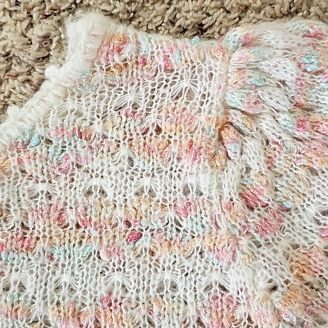 Vintage Womens Open Knit Sweater Large Feminine Coquette Pastels Puff Sleeves