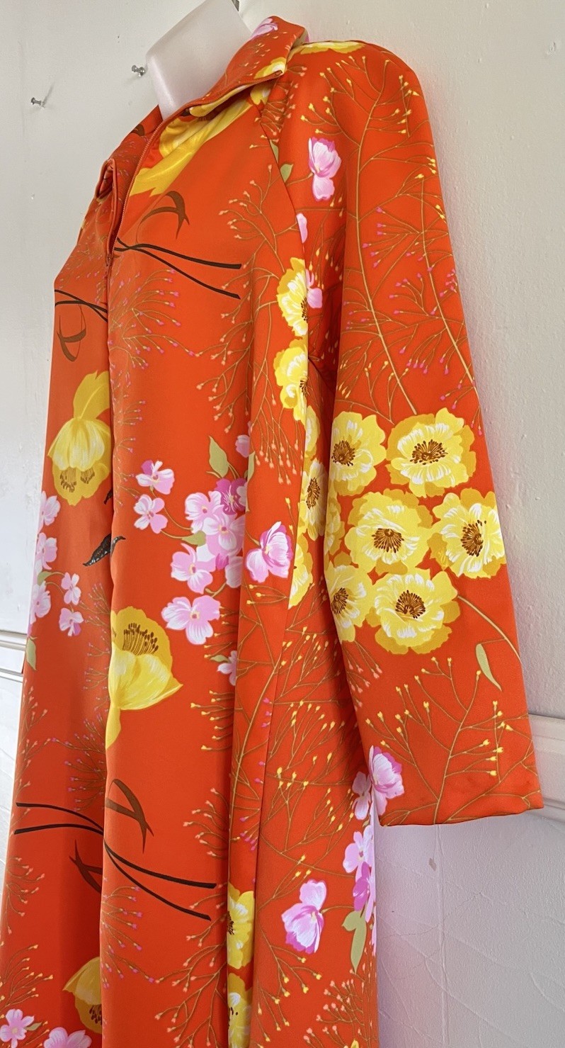 Vtg 1970s Montgomery Ward Hawaiian Orange Floral Maxi Mumu Kaftan Hostess Dress