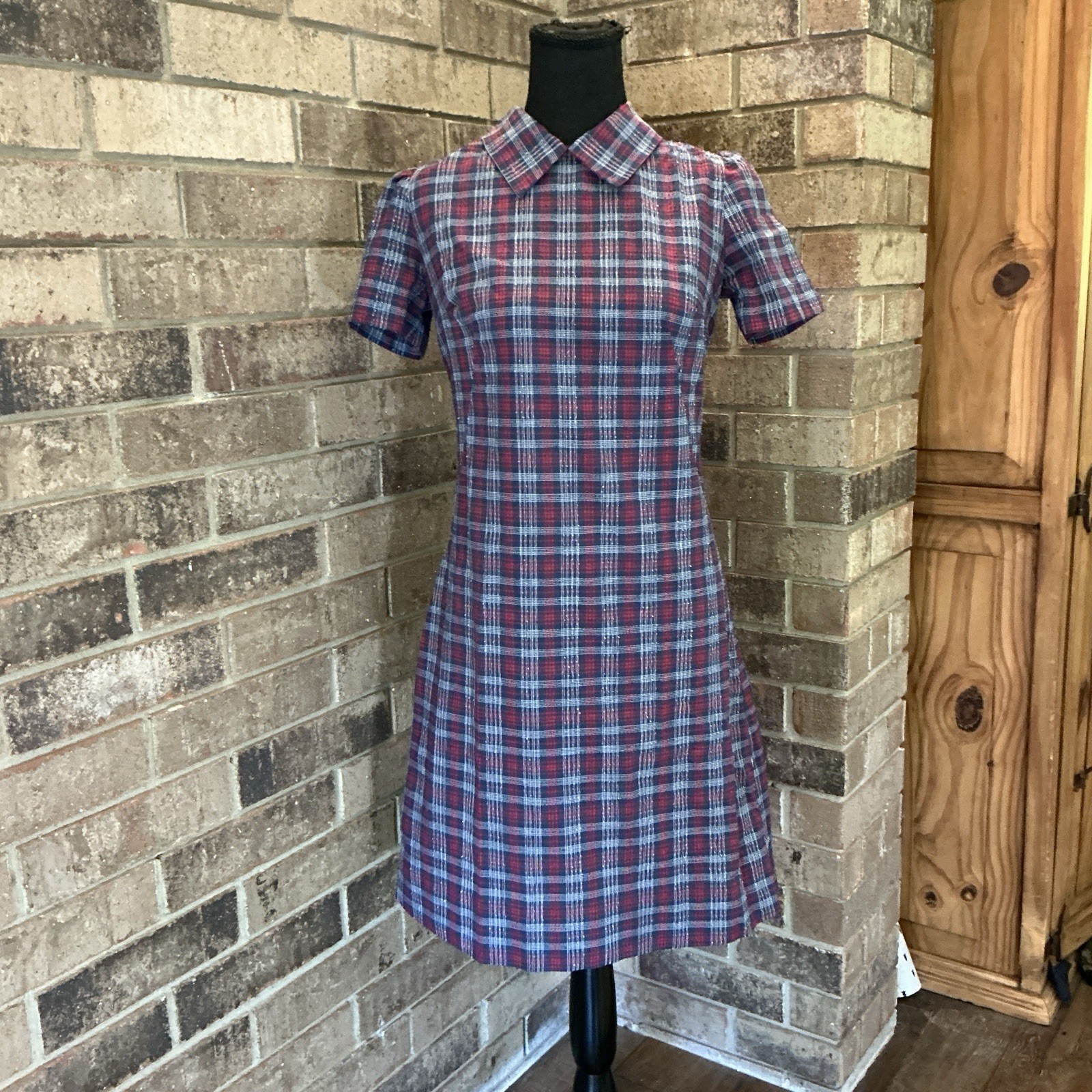60s VTG Plaid Seersucker Shift Dress Collared Back Zip Short Sleeve Sz S/M #47E7