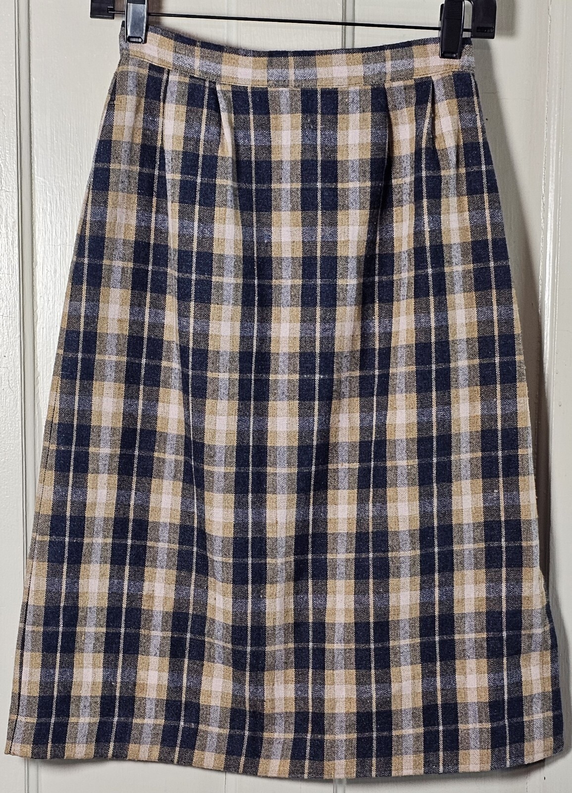 VTG 80’S Wool Pencil Skirt Women XS Blue Tan Pink Plaid Tartan Pleated Academia