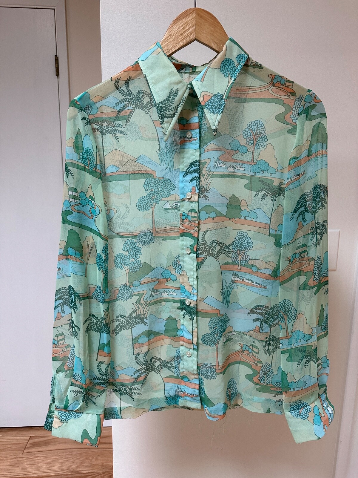 Sheer Button Down Shirt Aqua Dreamy Print Elegant Leisure Translucent Retro (M)