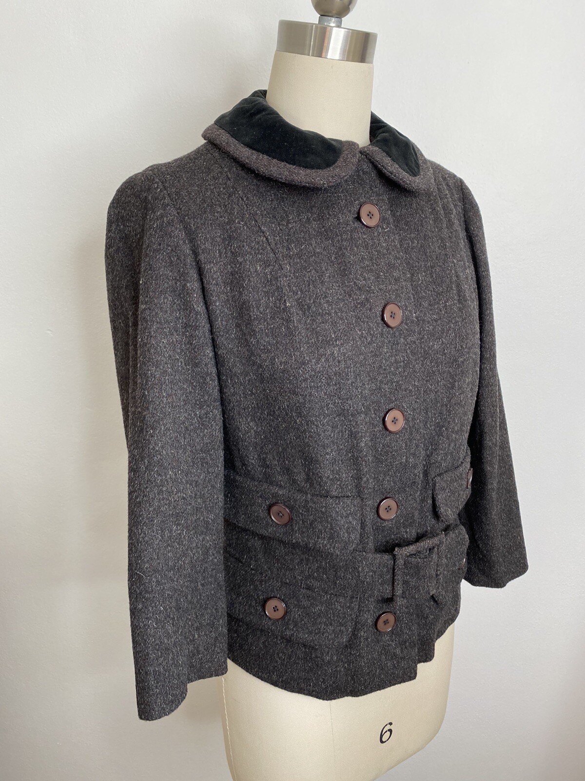 Vintage 50s 60s Sz S Sybil Zelker Polly Peck Wool Velvet Jacket Belt Grey Short