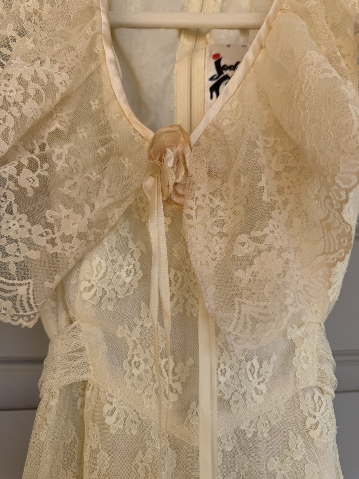 Vtg 70s Jody T Of California Ivory Blush Lace Hi Low Maxi Wedding Festival Dress
