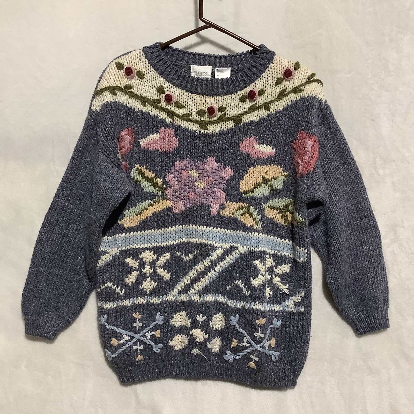 VTG Needles & Yarn Knit Sweater Floral Embroidered Crocheted Sz L Grandma Granny
