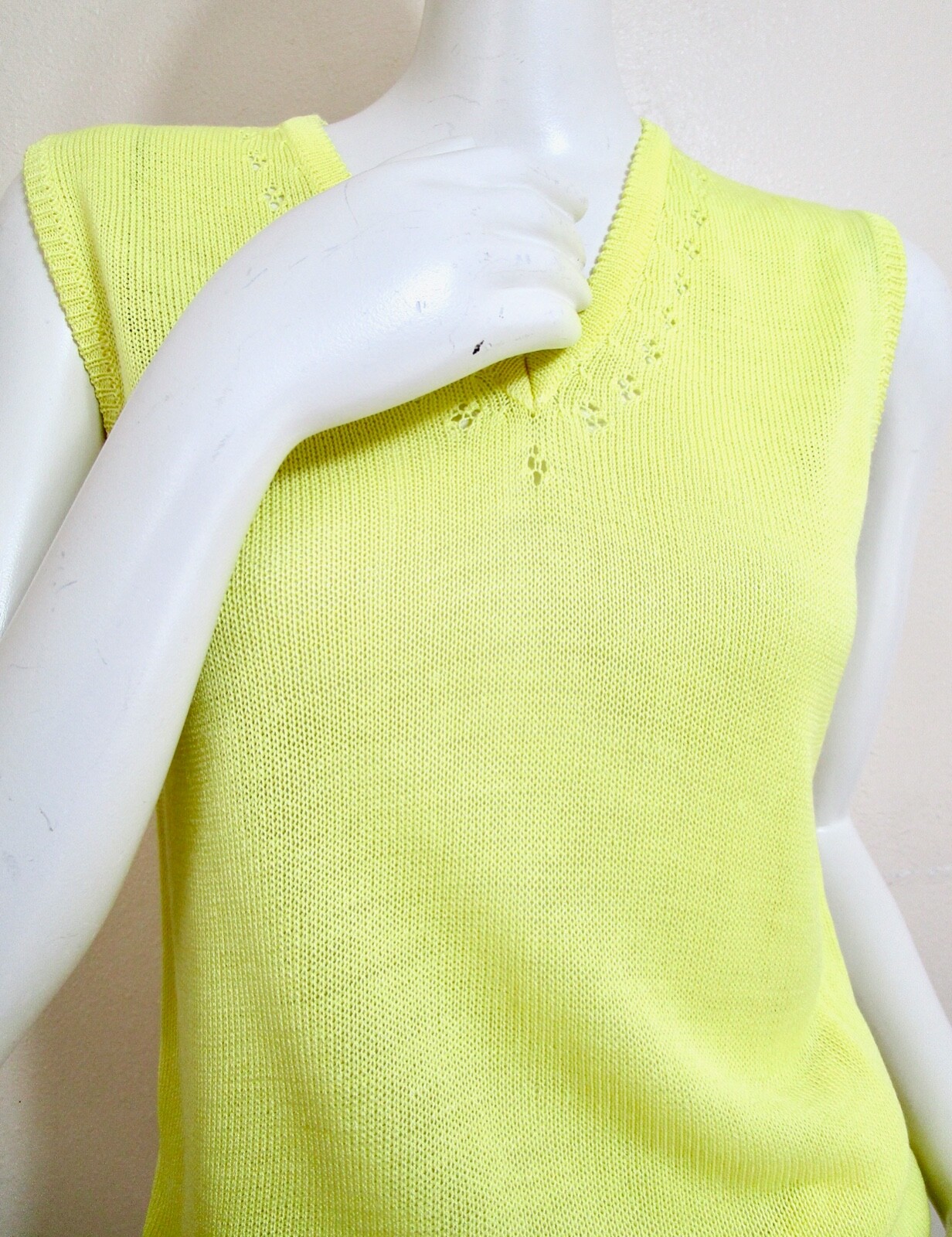 Vintage 70s Yellow Sweater Sleeveless Shell SS Swing Cardigan Set Pointelle S XS