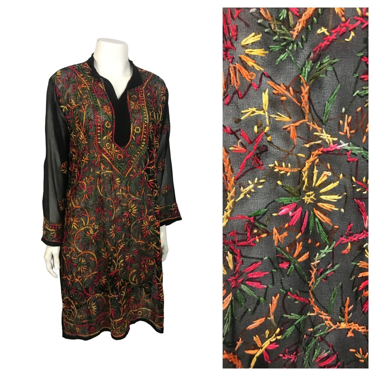 Sheer Black Embroidered Tunic Dress Indian Boho Festival Hippie Gauze M ^