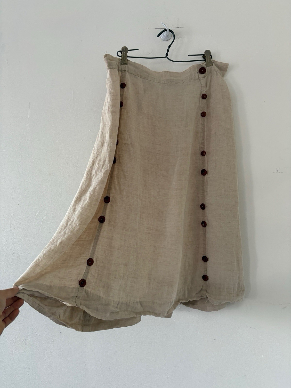 Antique Edwardian Handmade Slub Linen Gored A-Line Midi Skirt Buttons Sportswear
